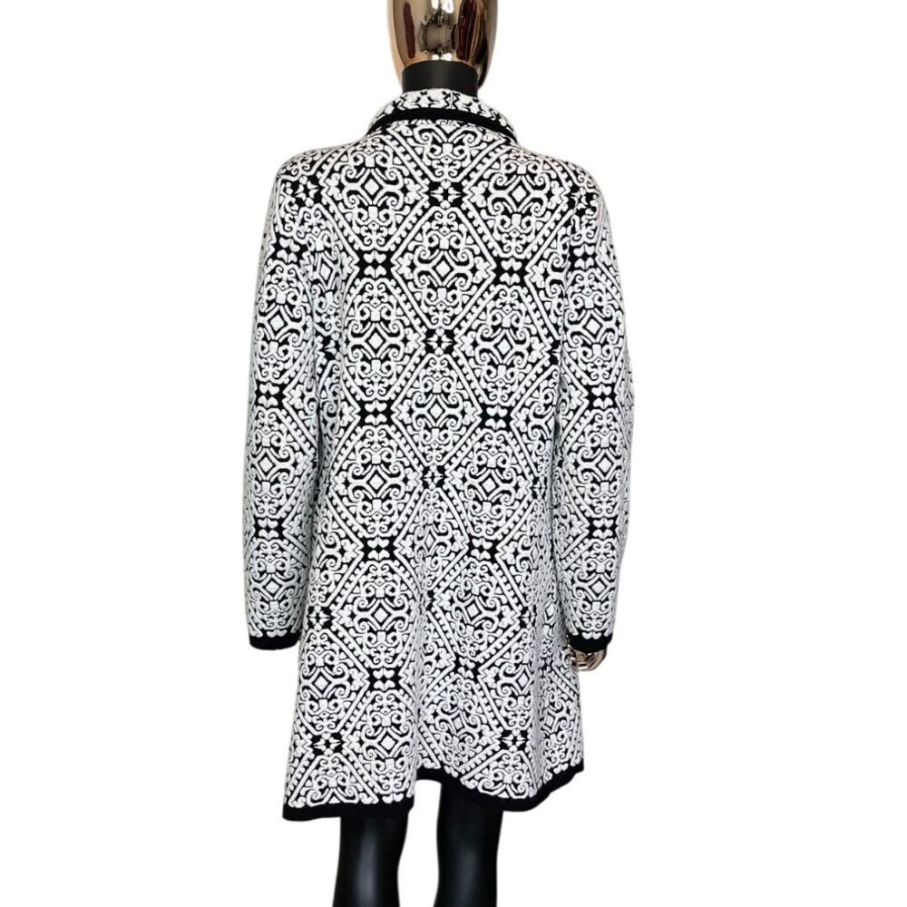 Icelandic Design Black White Jacquard Knit Cardigan Coat Medium Wool Blend - Picture 3 of 10